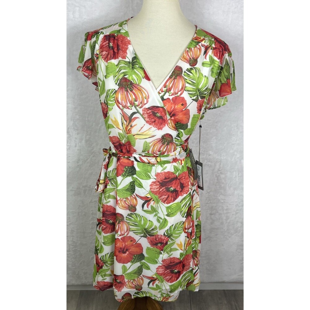 Eva Mendes Wrap Around Dress Hibiscus Monstera Green Red Size Medium NEW